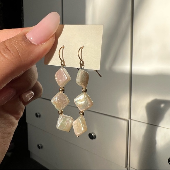 White Iridescent Diamond Shaped Beaded Lightweight Dangly Dainty Long Earrings - Picture 3 of 9
